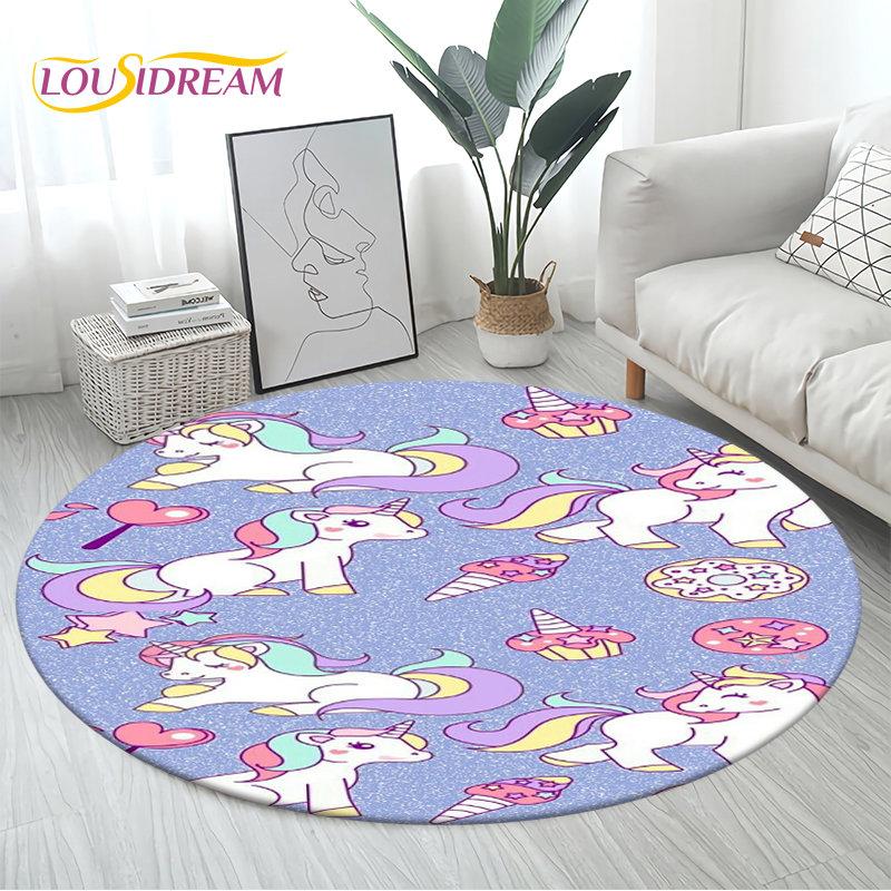 3D Cartoon Cute Unicorn Area Rug Large,Round Carpet Rug for Living Room Bedroom Sofa Decoration,Children Play Non-slip Floor Mat