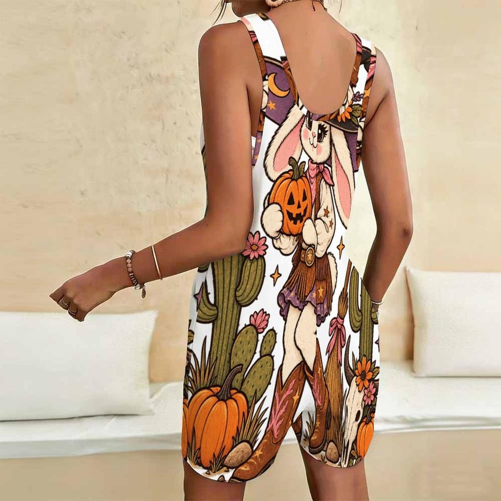Women Plus Size Scoop Neck Sleeveless Loose Short Romper Halloween Tiger Pumpkin Print With Pockets