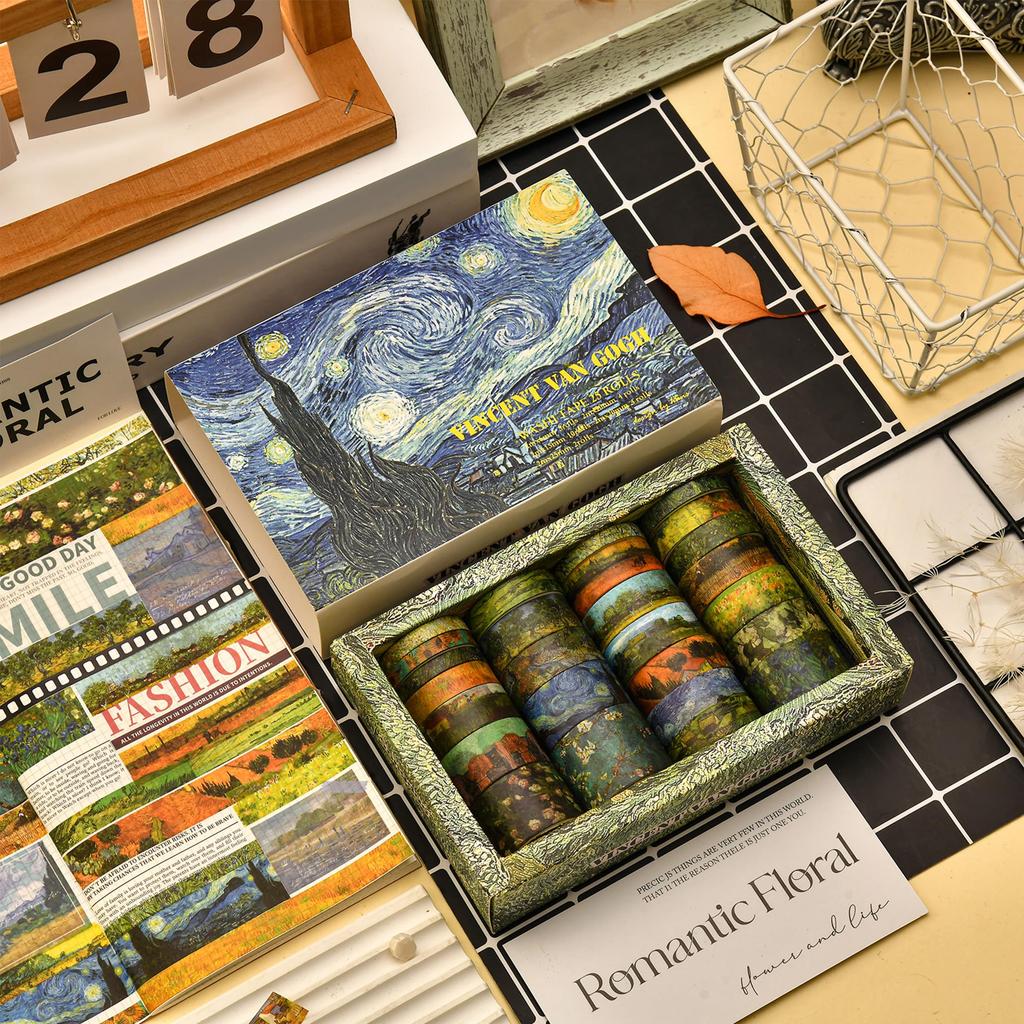 Songdao Washi Tape Sternen-Set Gold- und Silberfolie Ölgemälde Abdeckband Van Night Perfekt für und Geschenkverpackung x 2m Himmel, 25-Rollen-Band, Gogh-Stil