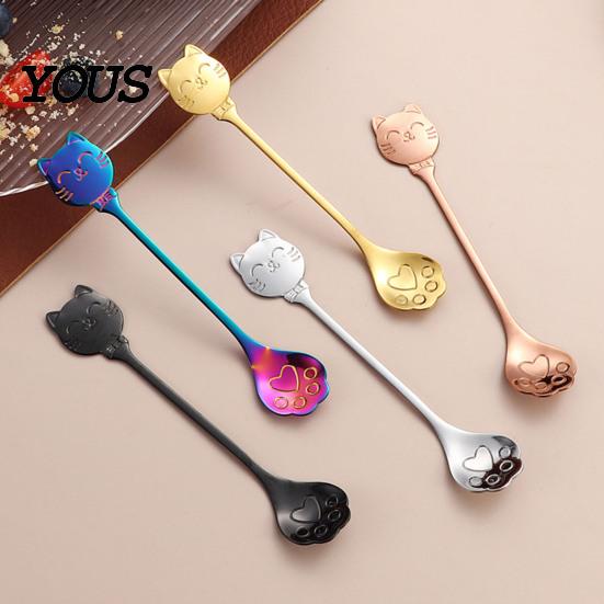 Cute Cat Paw Spoon Coffee Spoon, Stainless Steel Claw Teaspoon, Embossed Design Multi-Color Electroplated Stirring for Ice Cream Yogurt