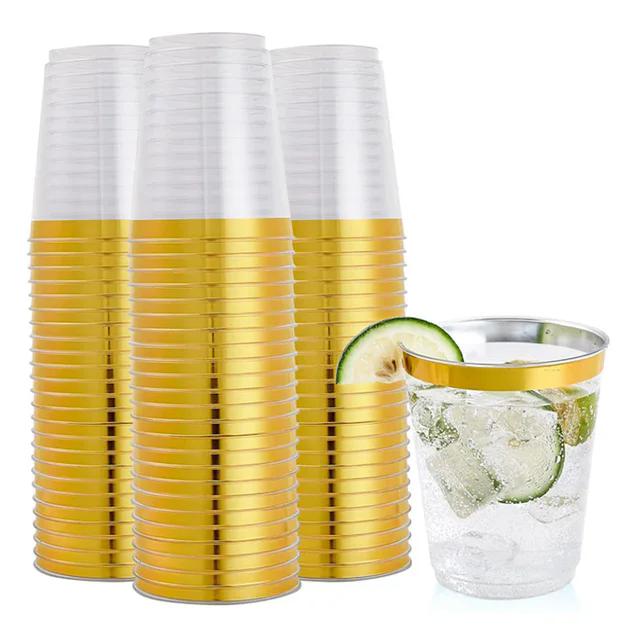 50/100 ks 10oz čiré plastové kelímky se zlatým okrajem, elegantní jednorázové plastové sklenice na víno pro svatby a večírky