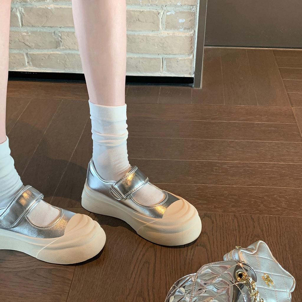 Rindslederversion~ Ruth gleiche Leder großer Kopf Einzelne Schuhe Damen vielseitige Plateau Muffin Klettverschluss Mary Jane weiße Schuhe