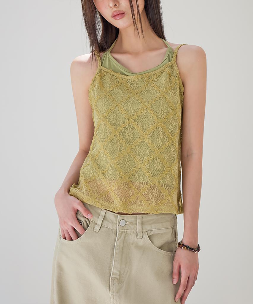 Leondeondada Floral Lace Layered Tank Top, Olive