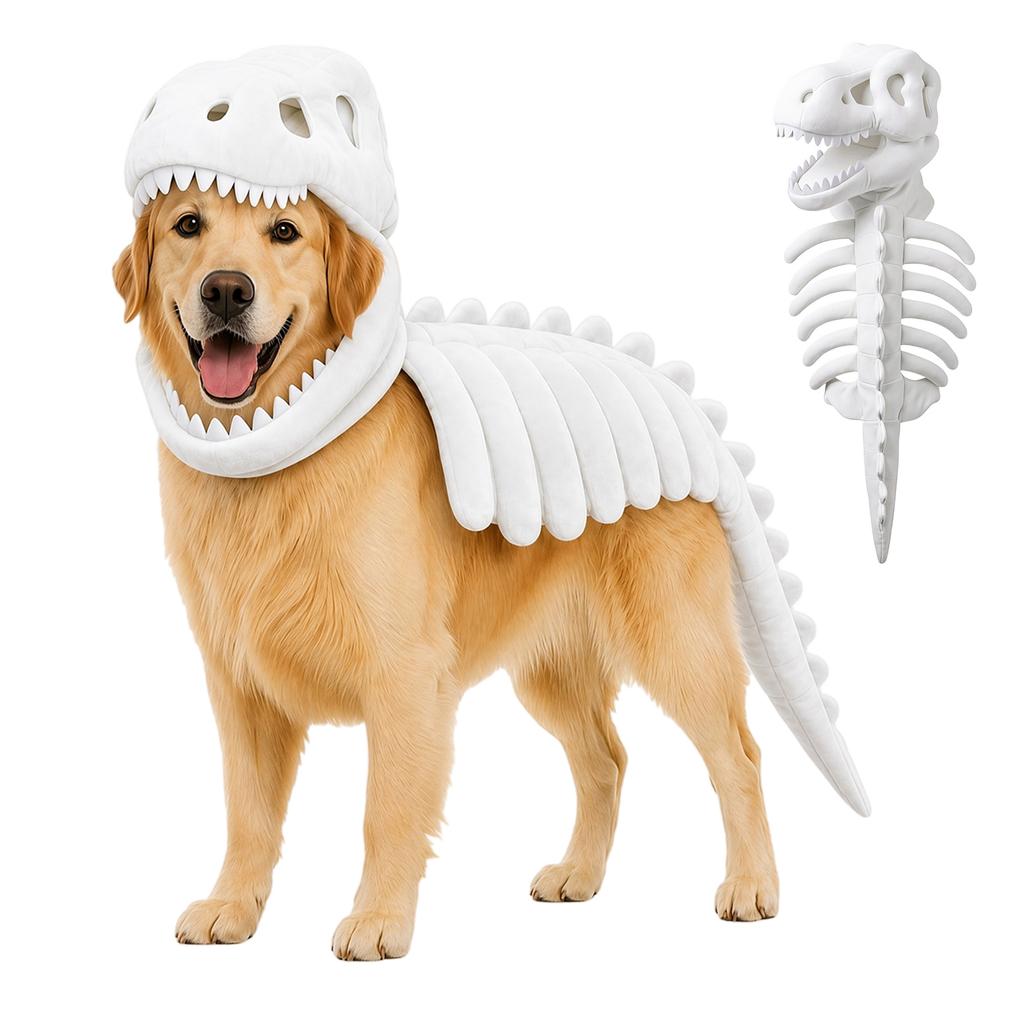 NEW Dinosaur Skeleton Glow in Dark Cat Costume, 25-120cm Dog Hood Outfit Pet Clothes for Halloween Cosplay with/without Glowing