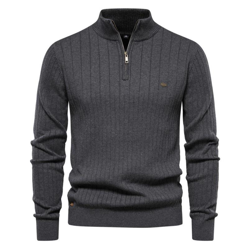 Men's Quarter Zip Up Sweater Cable Knit Sweater Mock Neck Polo Sweater for Men Warm Soft Casual Pullover Sweater with Ribbing Edge for Fall Winter