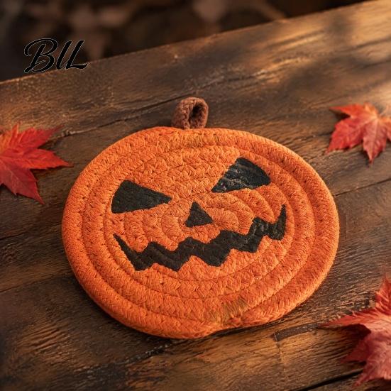 Halloween Kitchen Tableware Pumpkin Cotton Rope Coaster, Handwoven Placemat with Funny Face, Iron Reusable Drink Coasters Craft Table Mat for