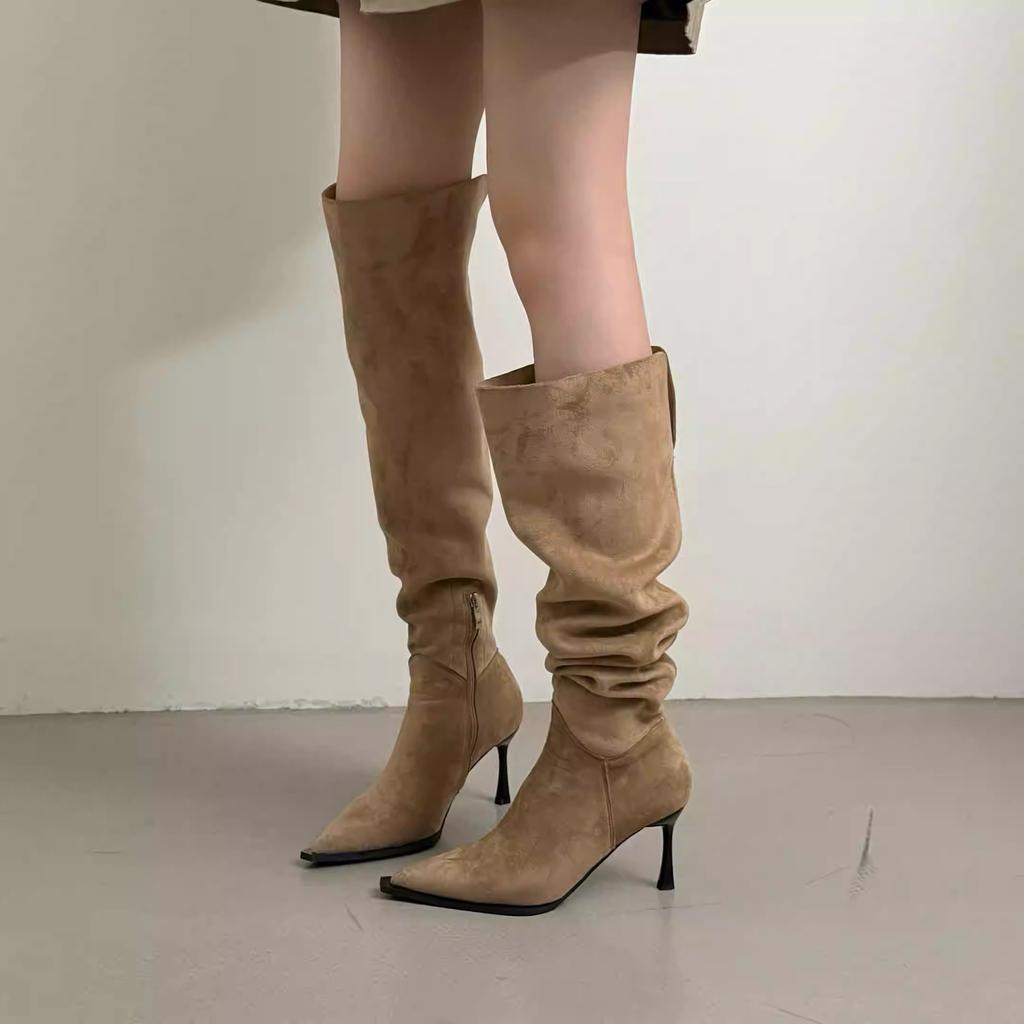 2025 autumn and winter new products wear Korean version of pointed suede folding stiletto over the knee boots women's versatile side zipper boots