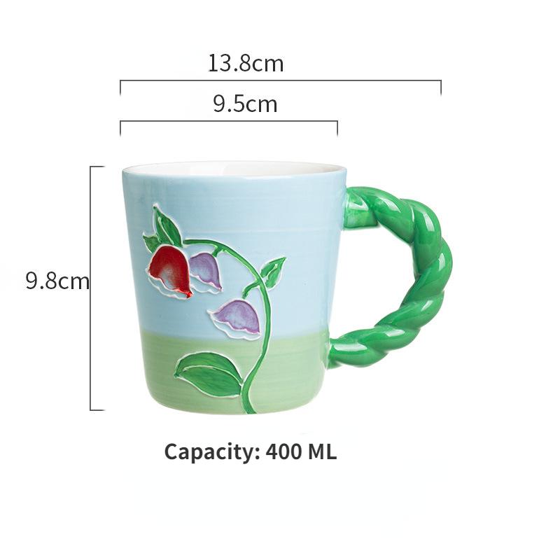 Cană din ceramică cu flori de lalele pictate manual, ceașcă de cafea și ceașcă de ceai