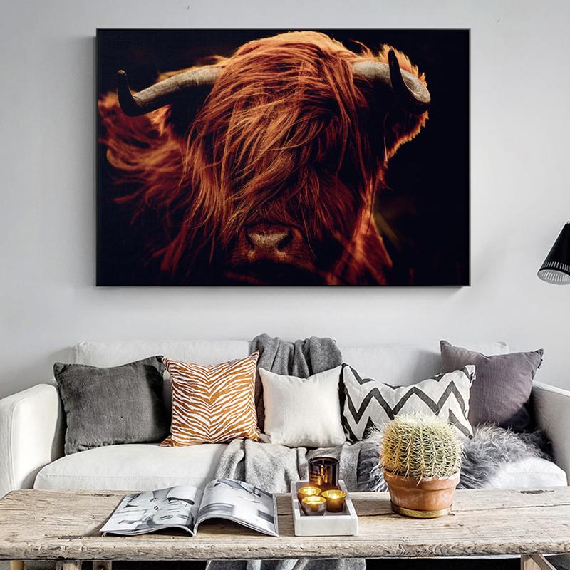 Amazing Portrait of Scottish Highland Cow Wall Pictures Canvas Painting Animal Posters Prints Living Room Home Decor