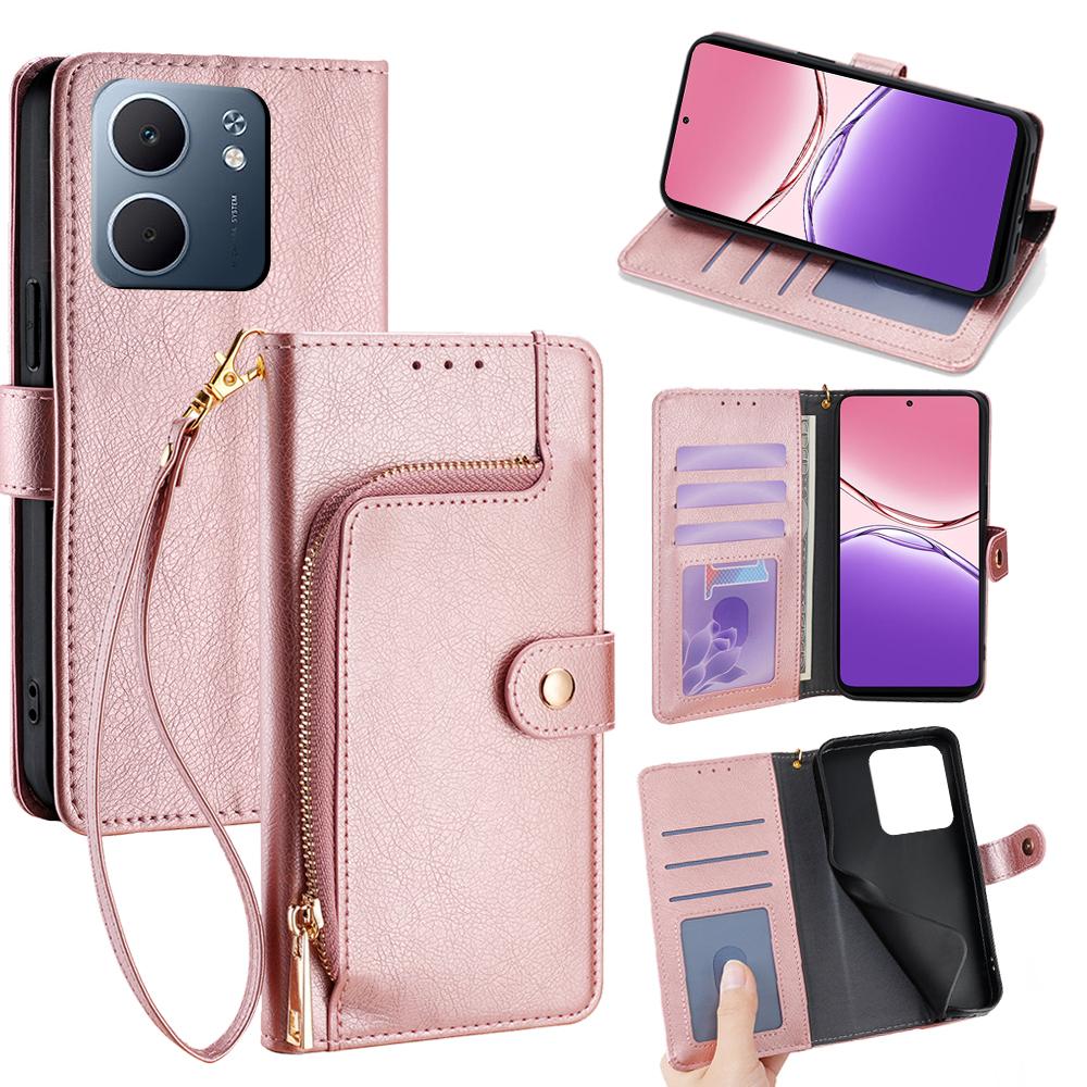 Oppo A5x 5G Tok Cipzáras Zseb PU Bőr Pénztárca Flip Telefonvédő Pánttal