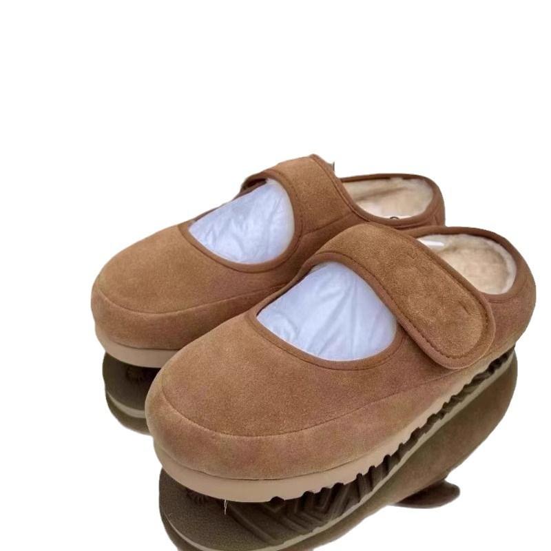 Cute retro fur integrated fluffy beanie shoes women wear warm and velvet flat Mary Jane cotton slippers in winter