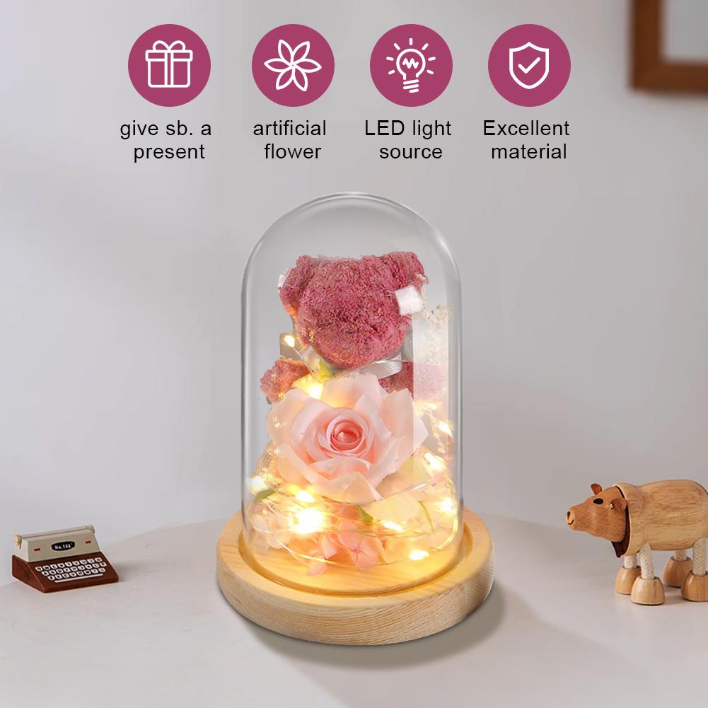 Rose Süßer Teddybär im Glas mit LED Niedlicher Bär Ewige Rose im Glas Konservierte Rosen Bären Geschenke für Freundin Liebhaber Geschenk