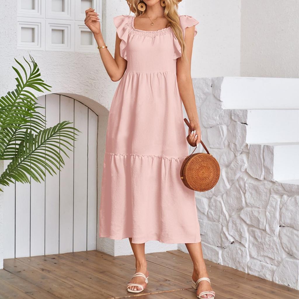 Women's Fashion Loose Fly Sleeve Square Neck Strapless Pleated Splicing Ruffle Hem Dresses