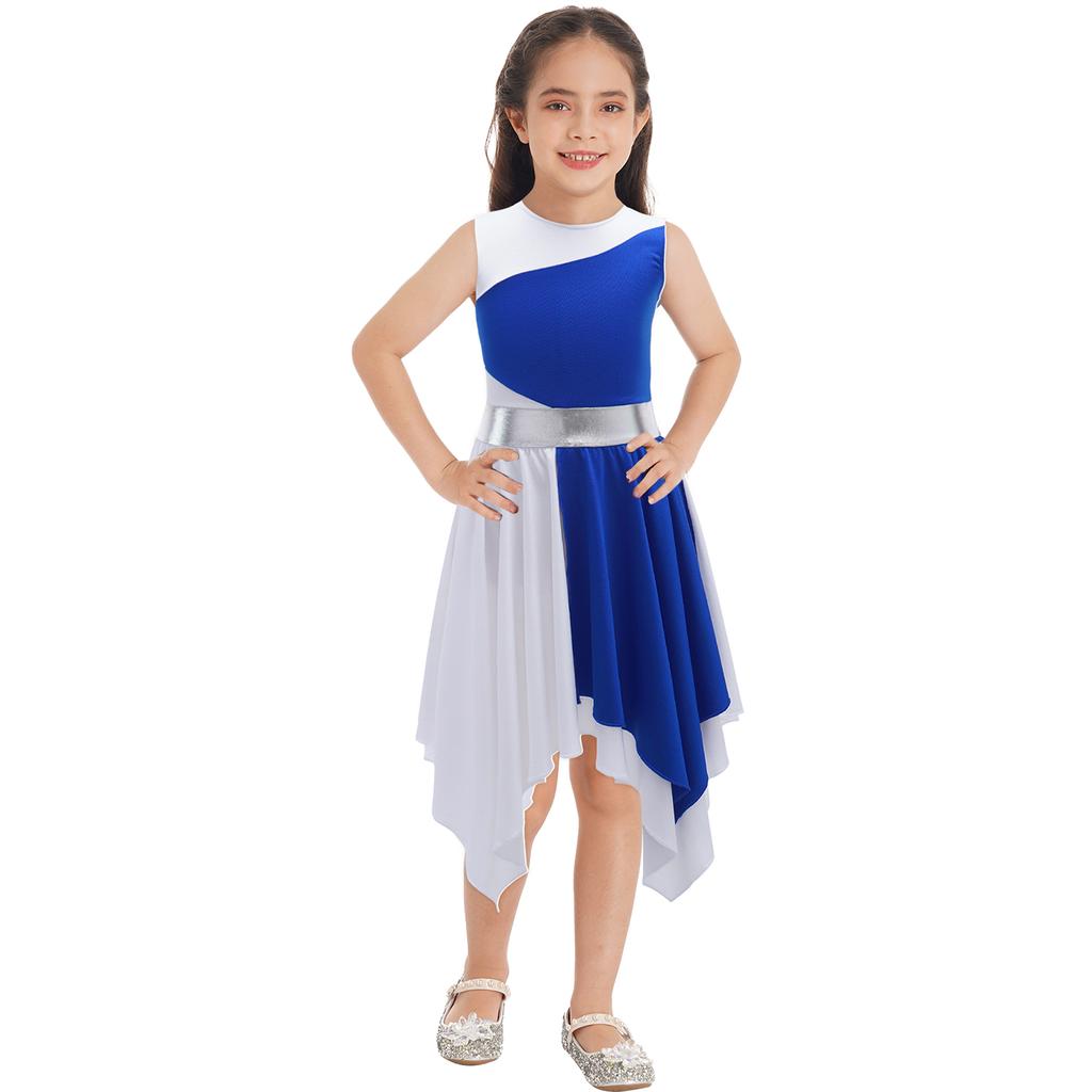 Kids Girls Sleeveless Lyrical Dance Costumes Contrast Color Asymmetrical Figure Skating Ballet Dress