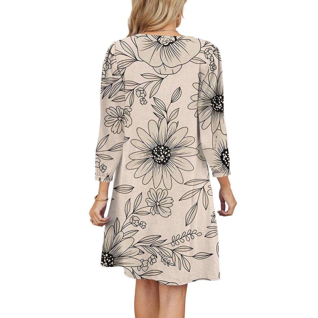 Women's Fashion V-neck Casual Beach Dress Three-quarter Sleeves Floral Print Dress