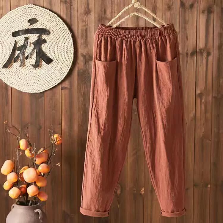 Women Loose Slim Cotton and Linen Pants Summer Thin Nine-Point Harem Pants Casual Straight Fit