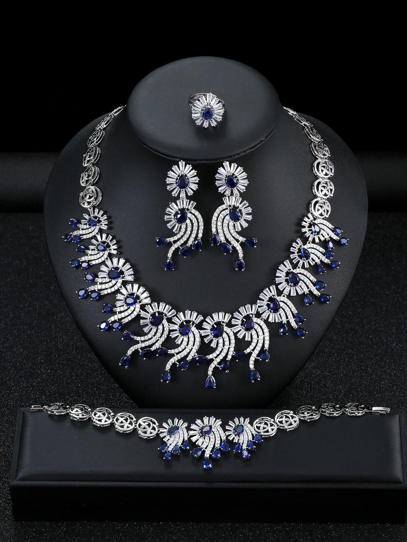 

Luxury Bridal Zircon Necklace Earrings Bracelet Ring Set Wedding Dress Dress Dinner Accessories Holiday Wear синій
