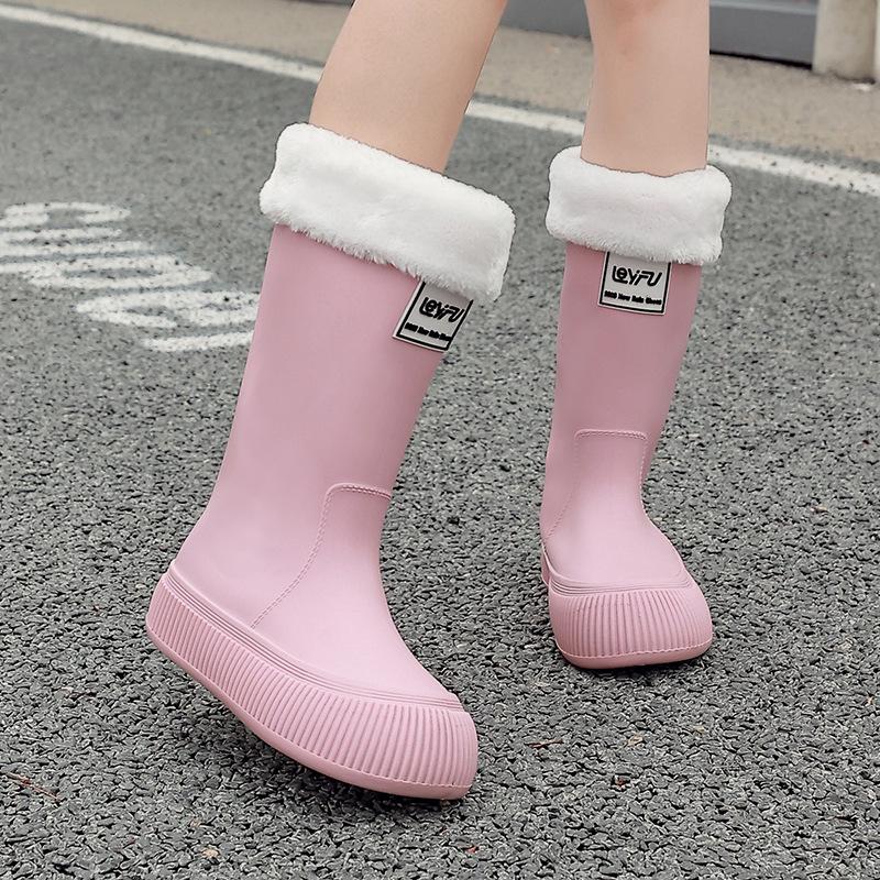 Women's High Tube Japanese Style Fleece-Lined Waterproof Rain Boots - Non-Slip, Lightweight & Wear-Resistant.
