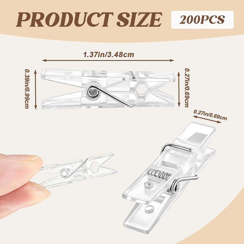 200 Pcs Mini Clothesp Plastic Clear Clips Tiny Photo Clips Multi-Function Small Clothesp for Hanging String Fairy Lights Picture Photo Paper Binder