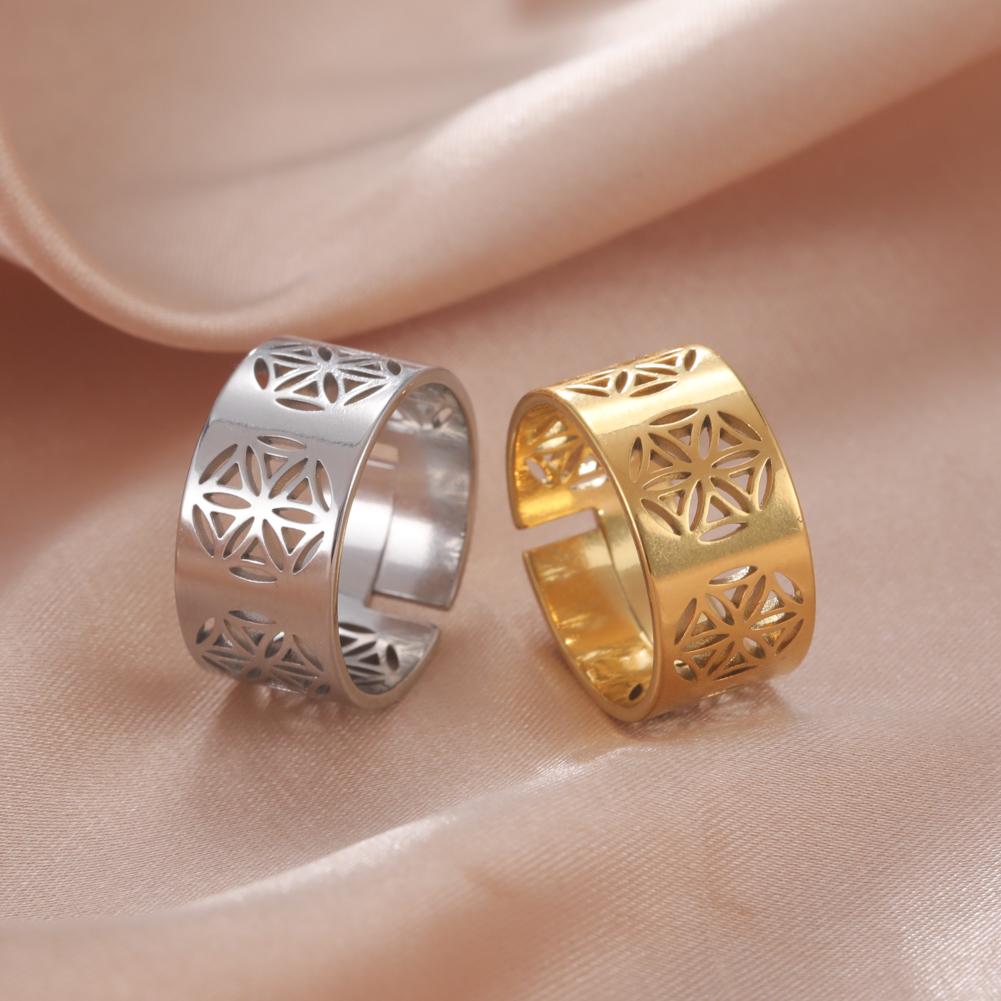 Dawapara Seed Flower of Life Ring Kabbalah Sacred Geometry Mandala Chakra Yoga Jewelry Stainless Steel Adjustable Rings