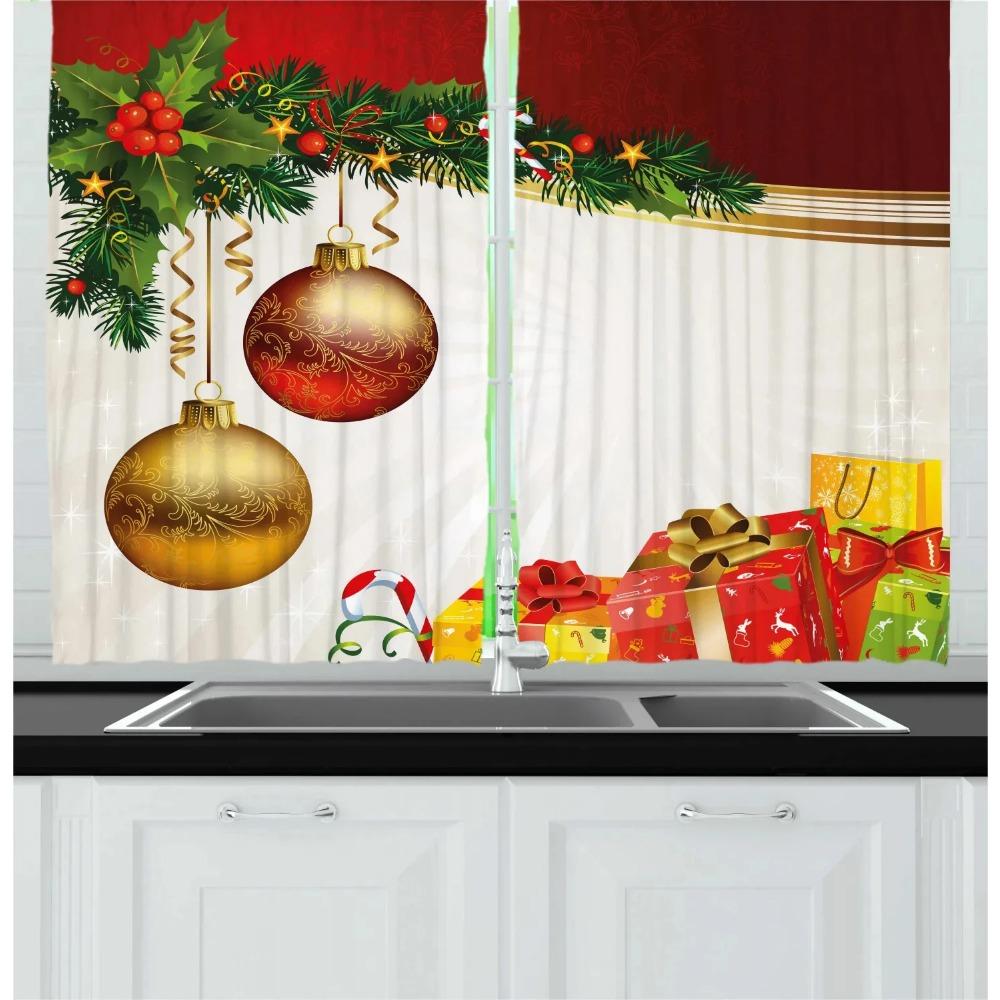 Christmas Theme Curtain Christmas Tree Bell Snowman Red and Green Matching Cloth Curtain for Bedroom Living Window High Shading