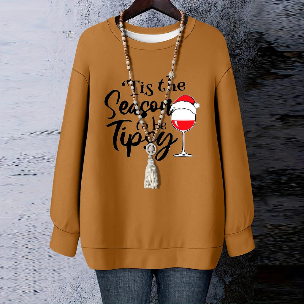 Ladies' Christmas Printed Round Neck Long Sleeved T-shirt Sweatshirt Top