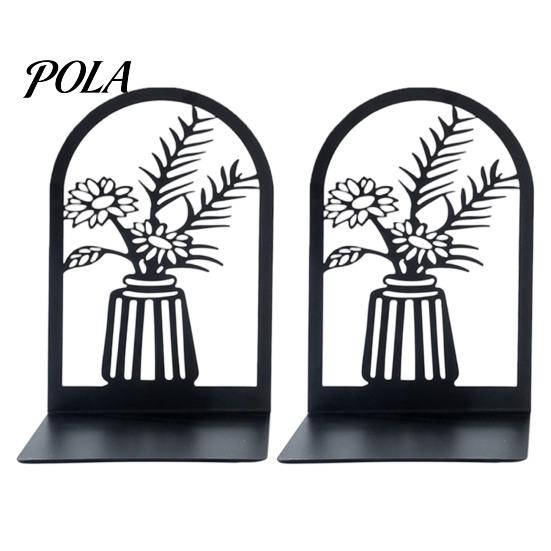 L-shaped Bookend 1 Pair Flower Metal Bookends, Decorative Vase Book Ends for Non-slip Shelves, Black Holder Stopper Home Office Reading Room