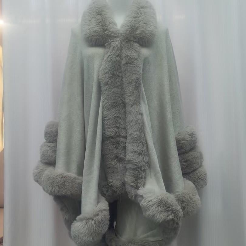 European & American Autumn/Winter Knit Fur Collar Cape with 3 Fur Strips