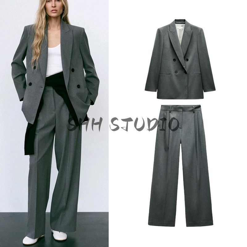 Lapel Long Sleeves with Padded Shoulder Double Breasted Suit Outwear 2129095 Pleated High Waist Wide Leg Pants 2125095