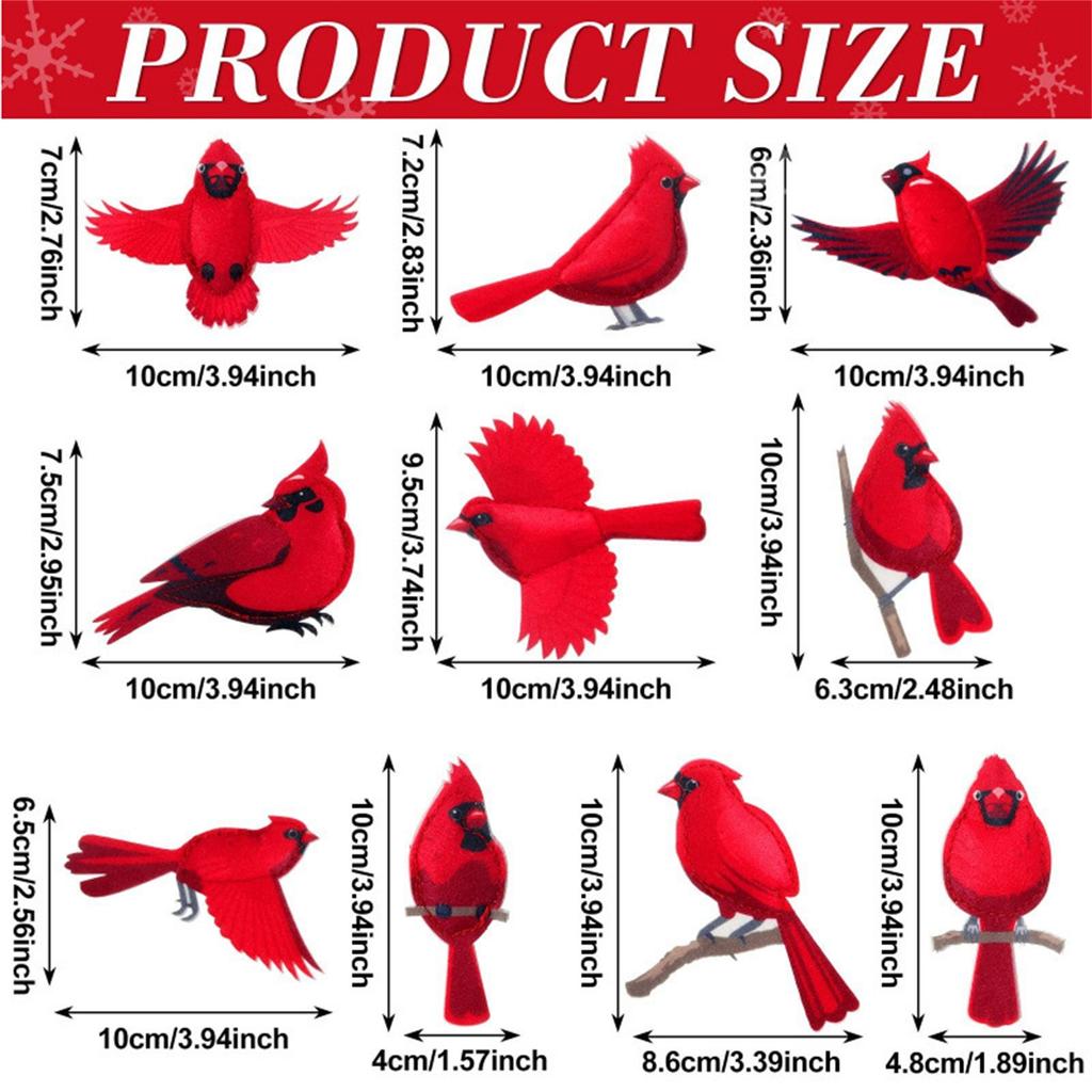 10 Pcs 2D Ornaments Red Birds For Tree Birds Decorations Tree Topper For Xmas Tree Memorial Hanging Gift Decoration Party Props