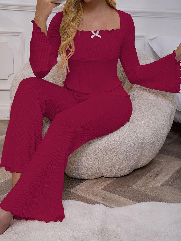 Women's Bell Sleeve Pajama Set: Sexy & Simple Long Sleeve Top with Bow and Long Pants
