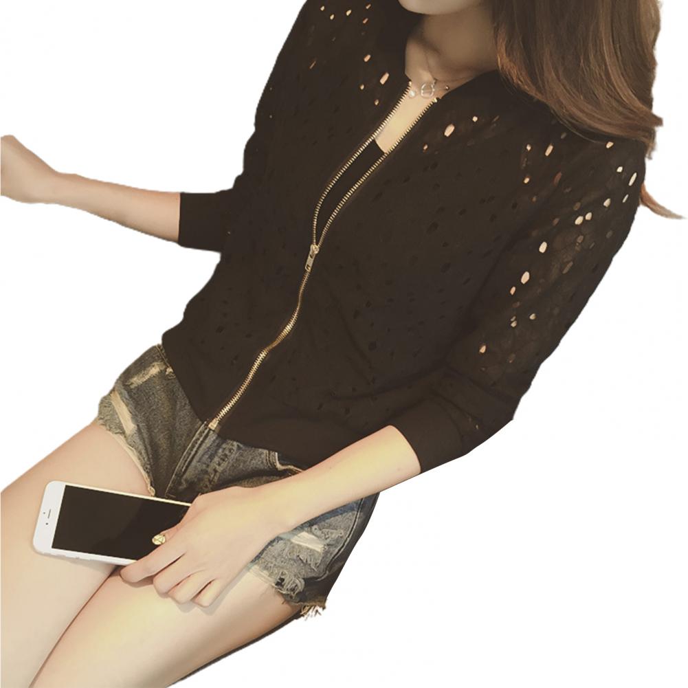 Fall Spring Women Coat Hollow Out Lace Stand Collar Zipper Closure Solid Color Elastic Cuff And Hem Daily Wear Dating Jacket