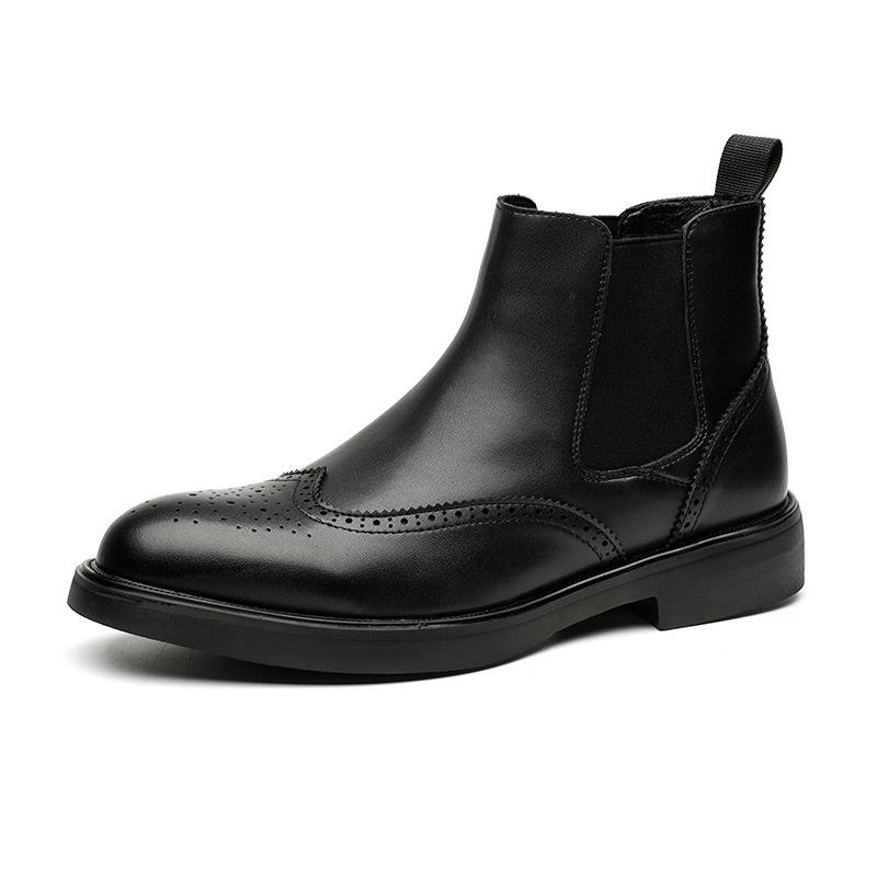 Mens Fashion Chelsea Boots Black Stylish Carved Brogue Shoes Business Office Dress Original Leather Boot Gentleman Ankle Botas