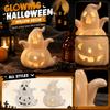 Halloween Hollow Pumpkin Ghost Figurine Decoration with Light Ceramic Tabletop Ornament for Seasonal Home Display