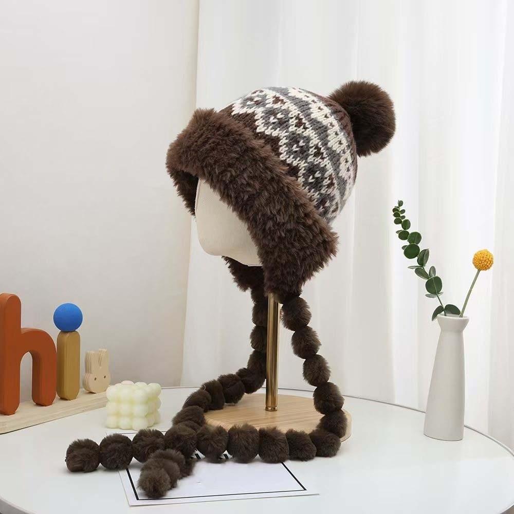 Fleece Lined Fleece Knit Beanie Fur Brim Earflap Winter Cap Pompom Braids Hat  Skiing