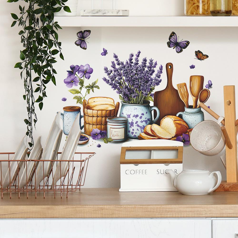 Self-adhesive Wall Stickers Flowers Bread Kitchen Utensils Butterfly for Restaurant Kitchen Dining Room Home Decor