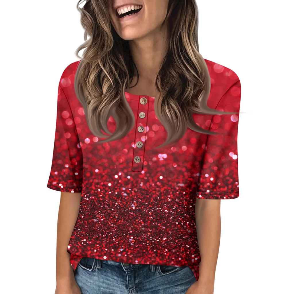 Shirts For Women Trendy Round Neck Button T Shirts Printed Blouse Half Sleeve Tops For Women