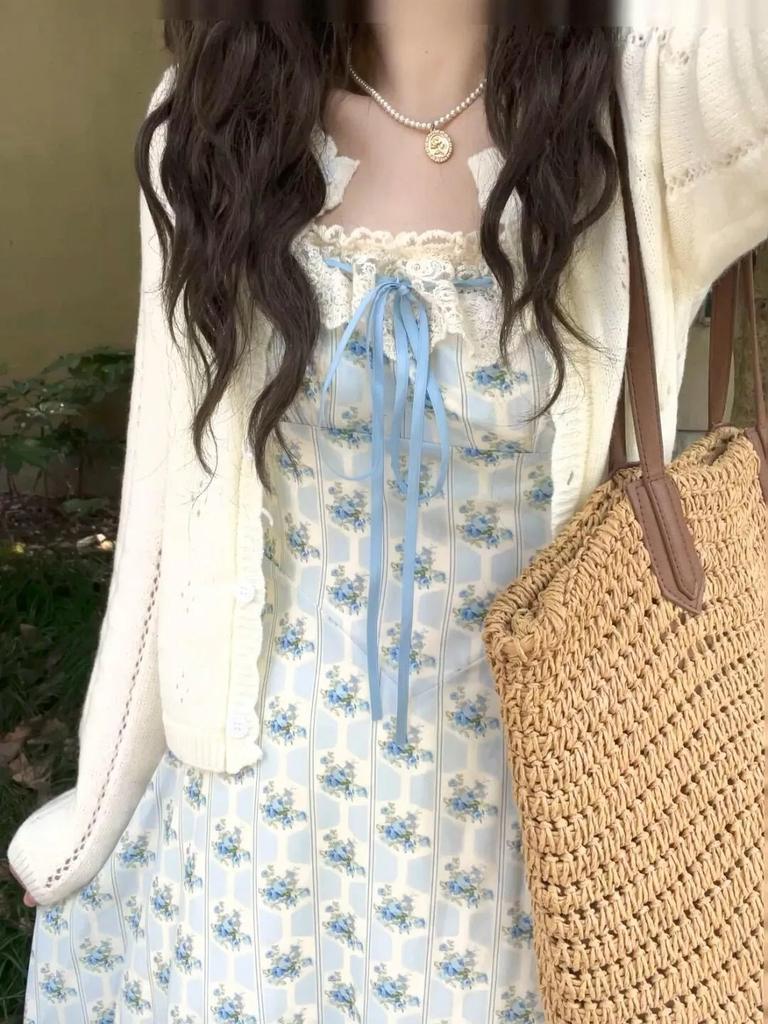 Gentle wind sweet small fresh floral strap dress girls summer new niche lace butterfly long skirt
