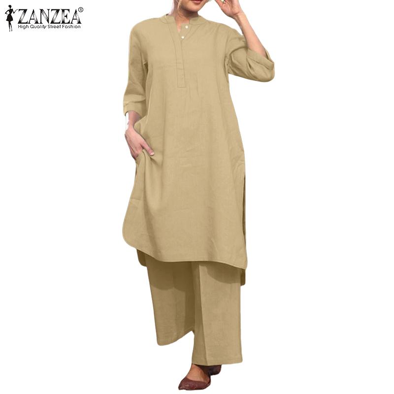 ZANZEA Women Long Blouse and Pants Casual Two Piece Suit Sets