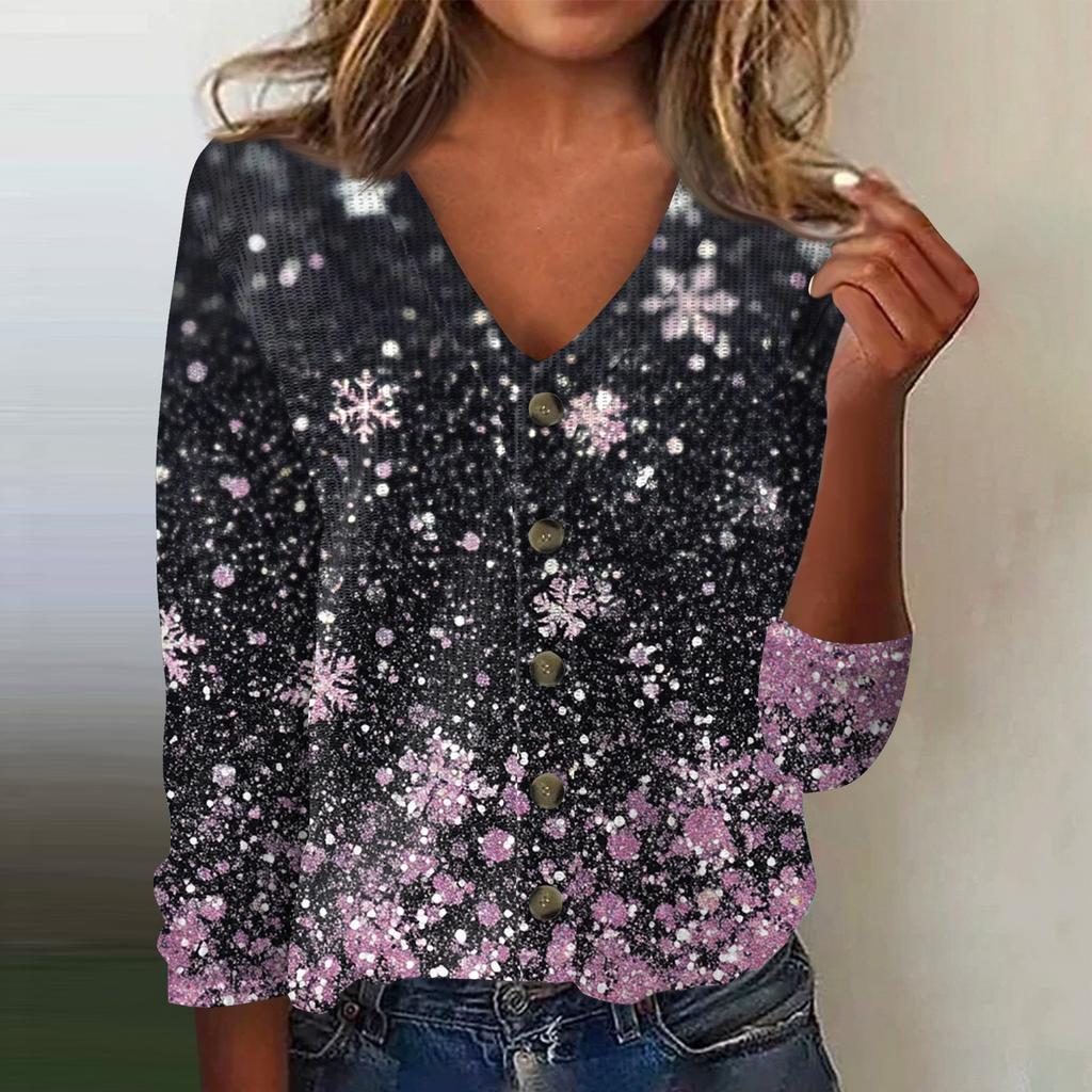 Women's Fashion Print Long Sleeve Knitted Cardigan Button Up Jacket