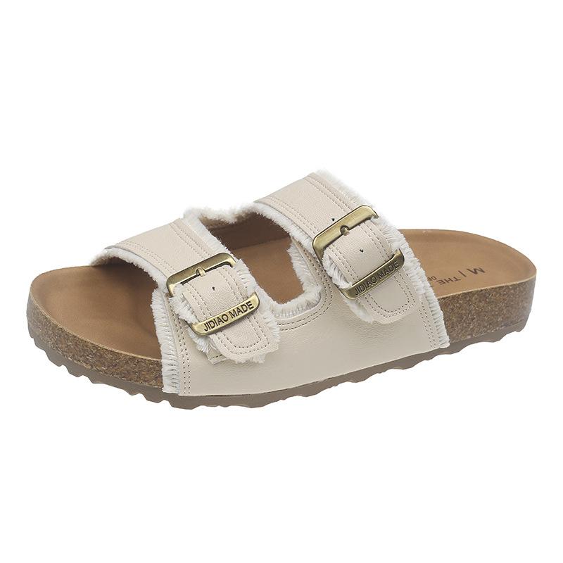 

Fashion flat-bottomed slippers women s outer wear 2025 summer new versatile belt buckle casual beach one-word cool slippers 35 бежевый