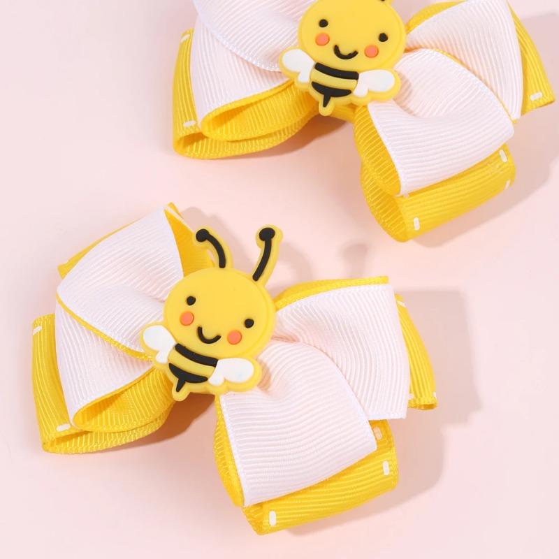 2Pcs Cartoon Bee Hair Clips Cute honeybee Ribbon Bow Kids Schools Hairpin Accessories For Children Girls Barrettes Headwear