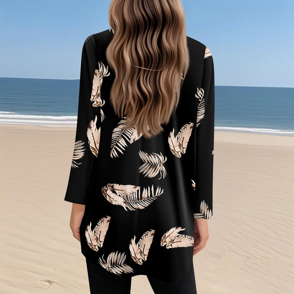 Womens Tops Round Neck Long Sleeve Blouses Casual Mid-length Shirts Fashion Print Tunic Tops With Pockets