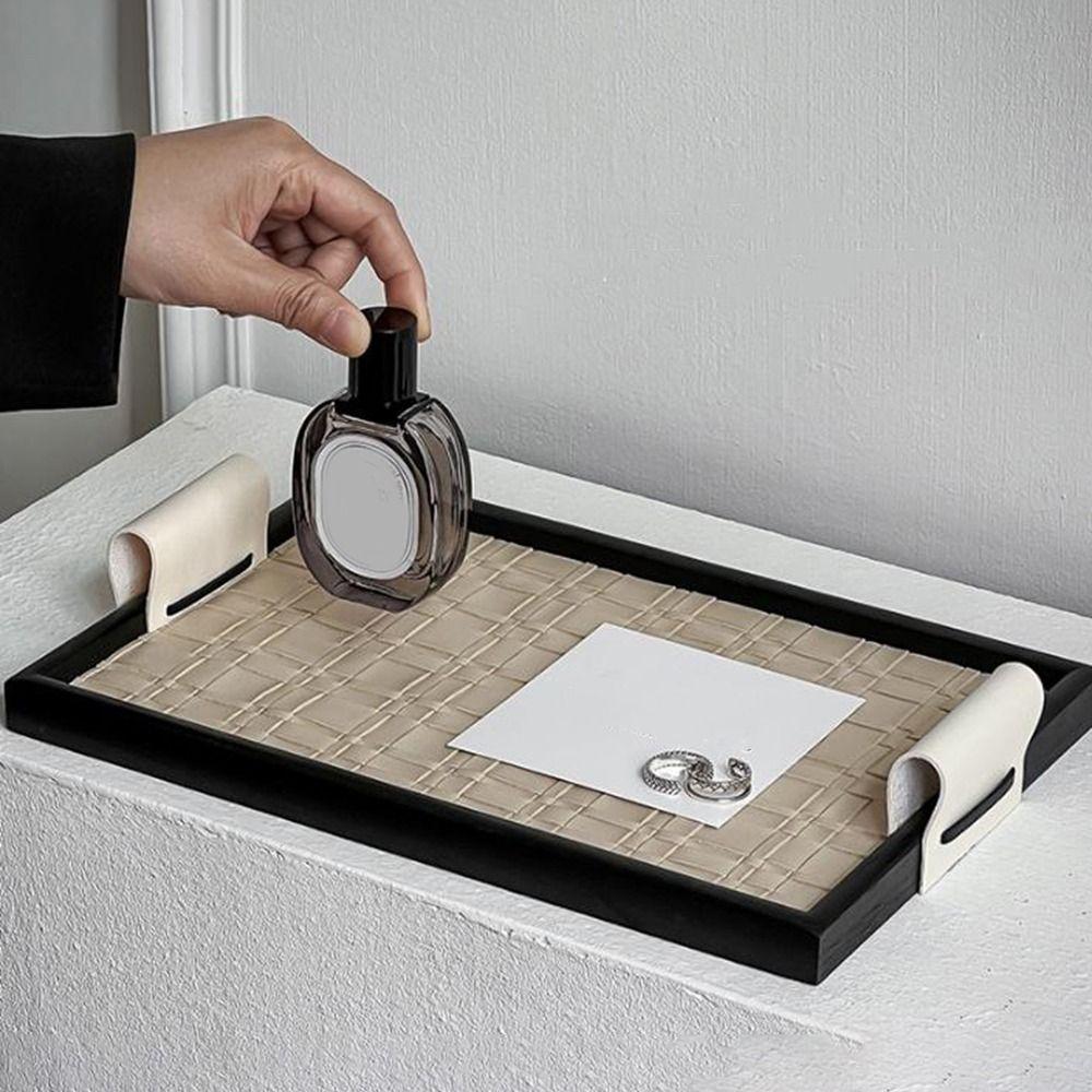 Handmade Woven Leather Storage Tray Rectangle Jewelry Display Plate Leather Wooden Tray  for Home