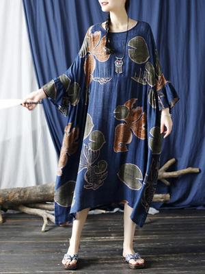 Women Flare Sleeve Spring Dress Print Floral Loose Robes O-Neck Seven Sleeve Cotton Blend Women Vintage Dress