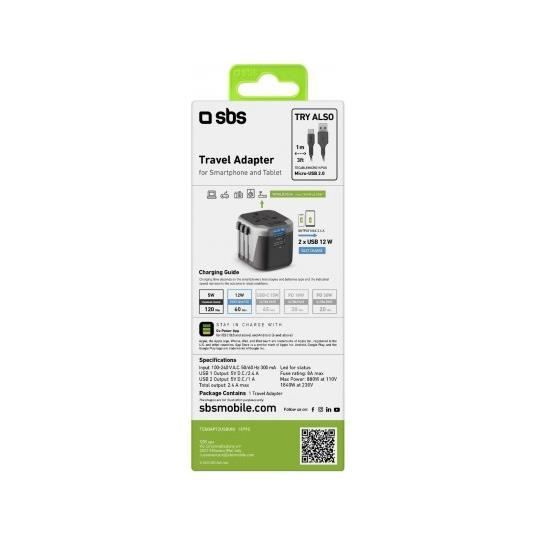 Adaptateur de voyage - SBS - TEADAPT2USBUNI - Universel - 12 W - 4 fiches (UE, UK, ES, AUS)