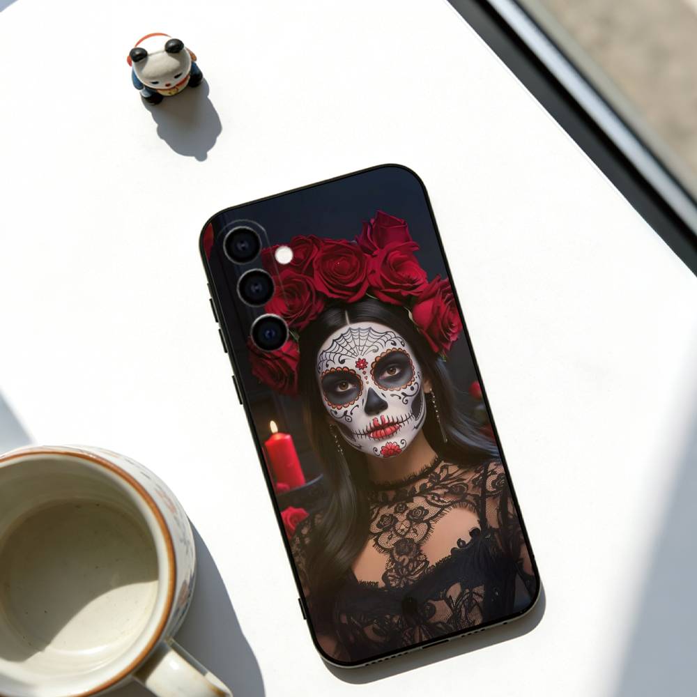 

Day of the Dead Mexican Catrina Skull Phone Case Black Silicone Soft For Samsung Galaxy A73,A72,A71,A70,A53,A52,A51 Samsung a21