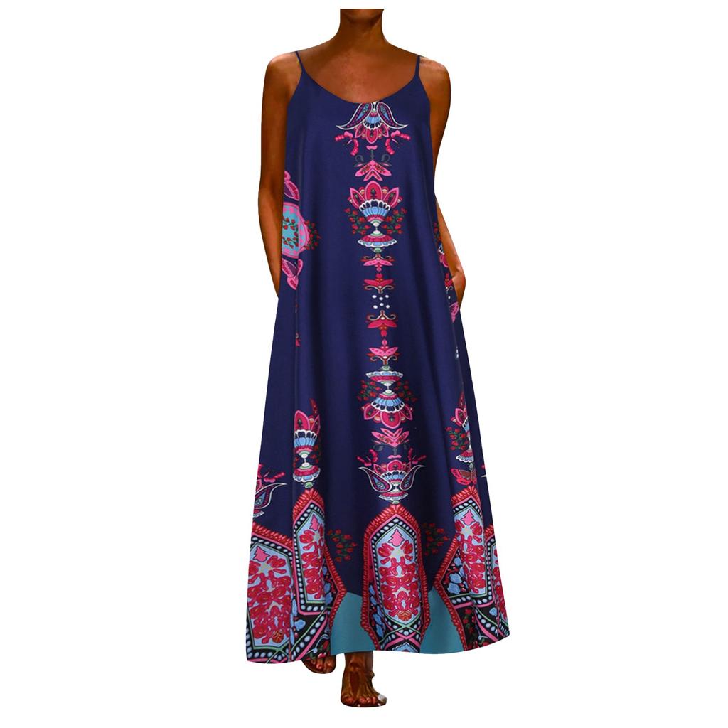 Módní ležérní šaty s potiskem v etnickém stylu bez rukávů, dámská dlouhá sukně
