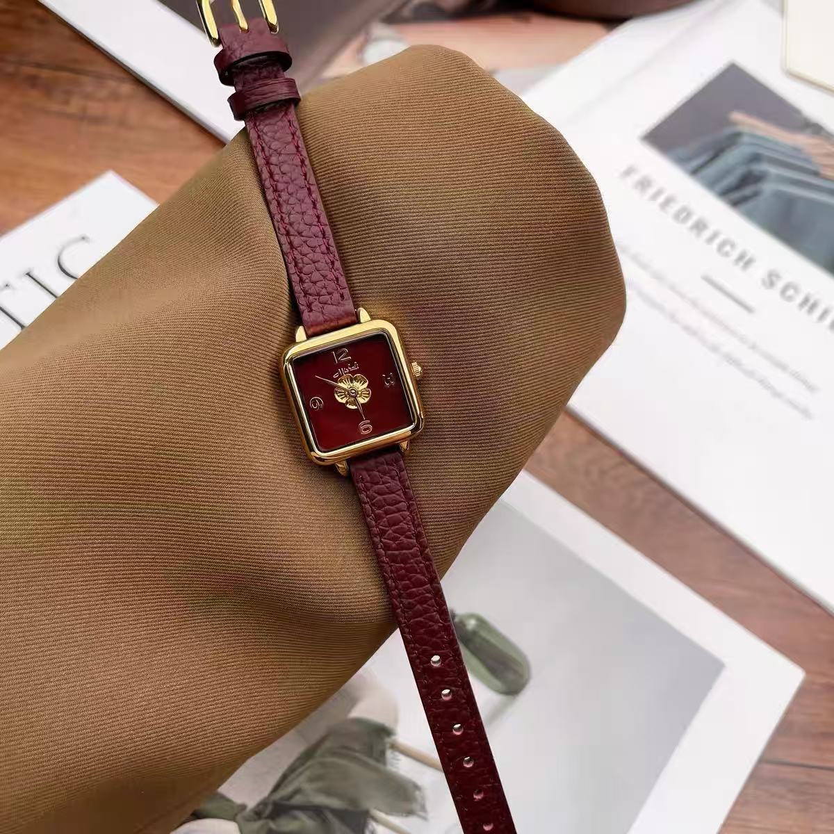 Square Belt Women S Watch Red Camellia Small Dial Ancora