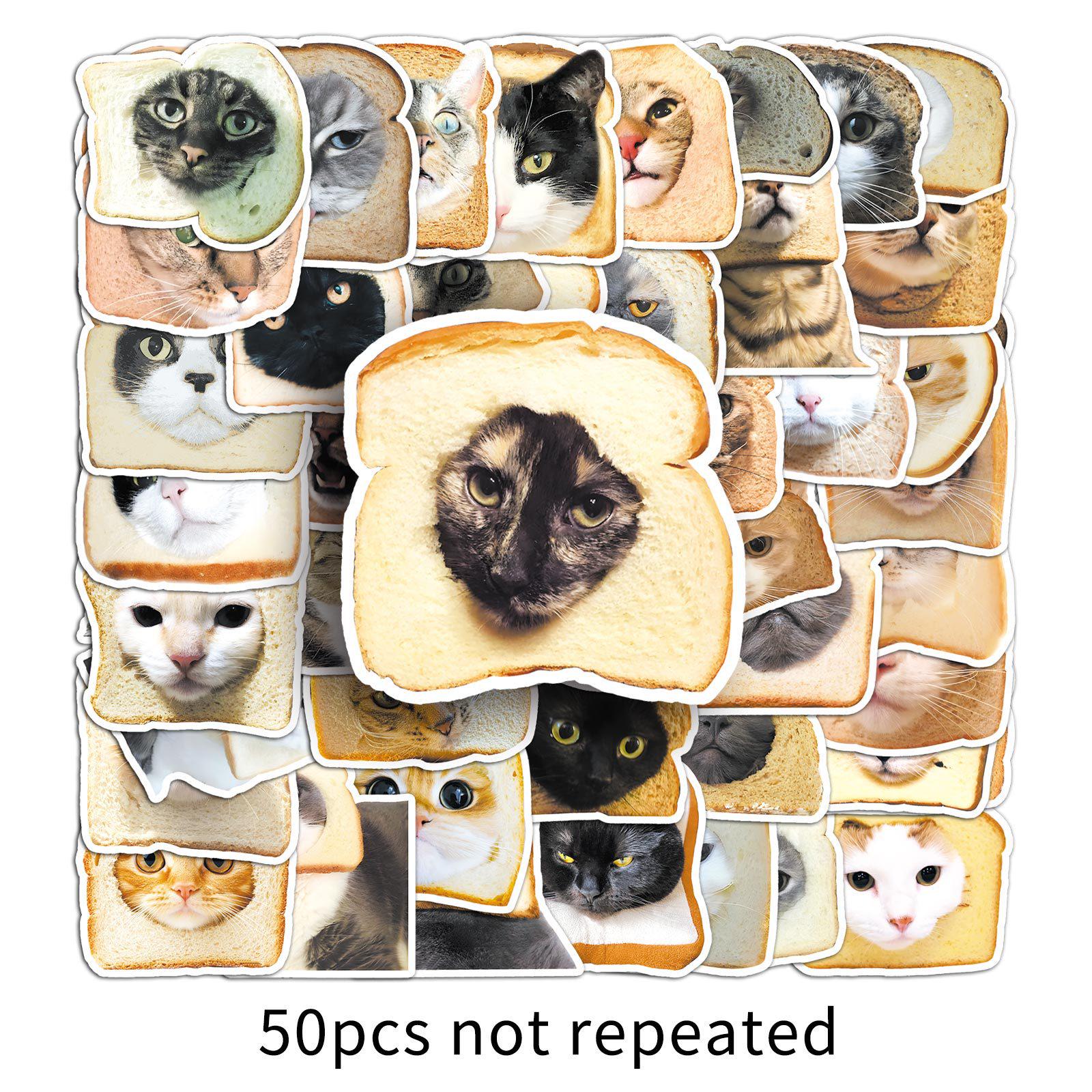 50pcs Cute Bread Cat Head Stickers for Phones, Water Bottles, Diaries, and Tea Cups - Creative Pet Emoji Designs